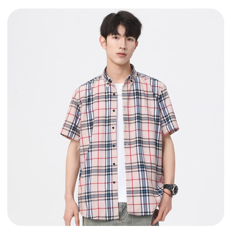 Woodpecker Casual Versatile Plaid Shirt Men 2026 Summer Trendy Ins Thin Loose Short Sleeve Top Black M 29
