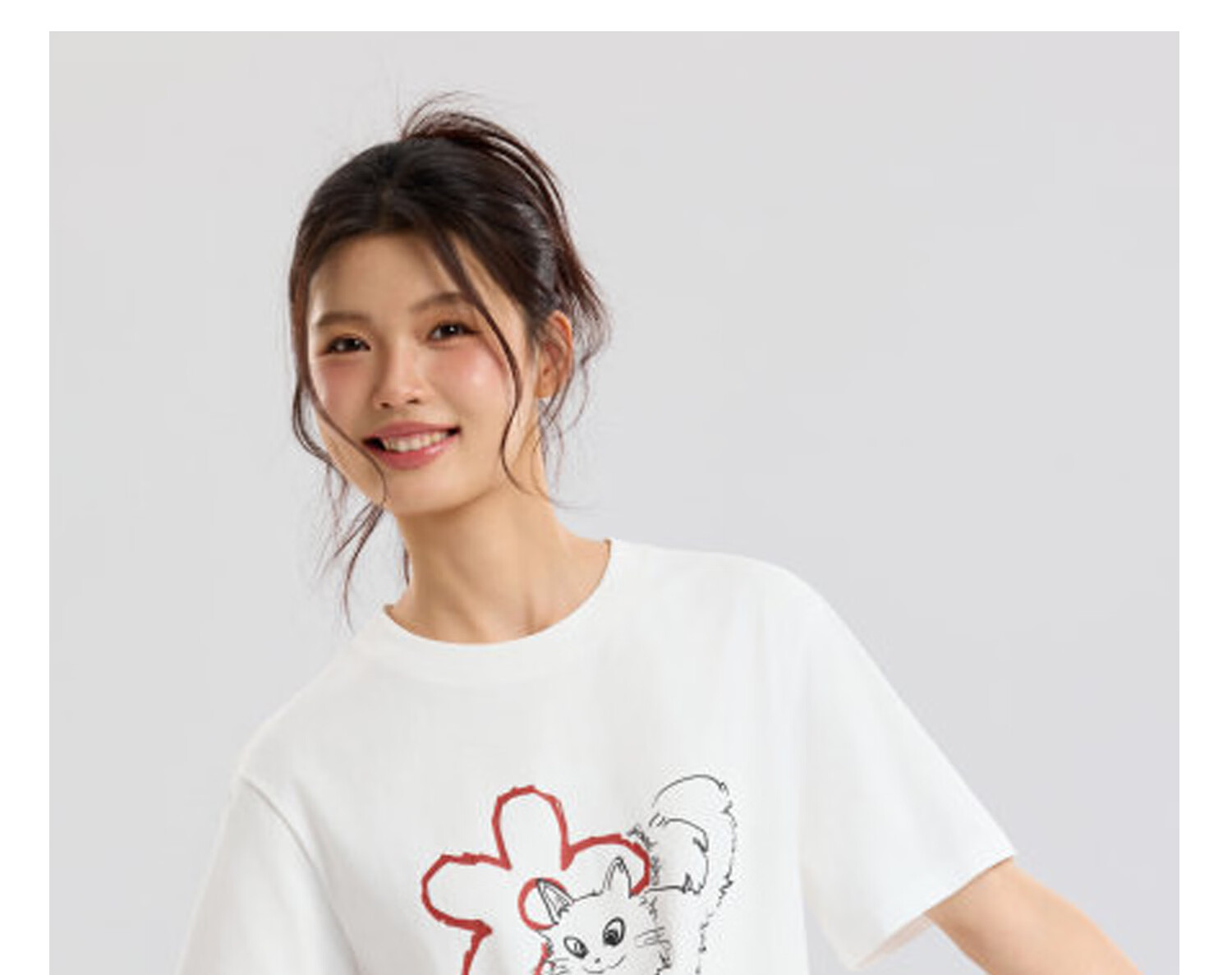 Metersbonwe Women's Short Sleeve T-Shirt 2026 Summer New Pure Cotton Hand-Painted Cat Print Loose Fit Versatile Tee 20
