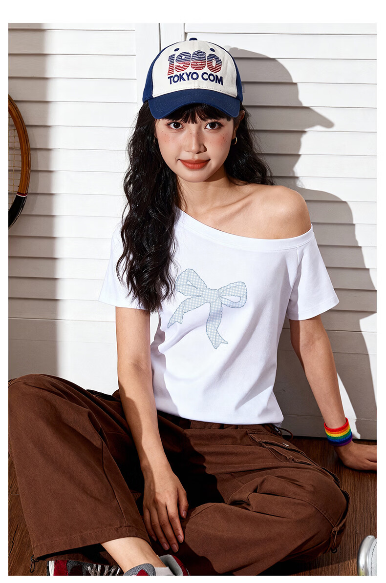 TonLion Women's Short Sleeve Off-Shoulder Asymmetric T-Shirt 2026 Summer New Korean Style Petite Half Sleeve Top 9