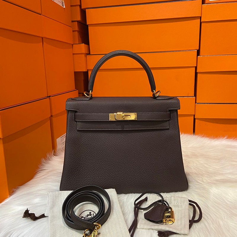 【二手99新】爱马仕(hermes)kelly28 女士手提包单肩包 黑色金扣box皮