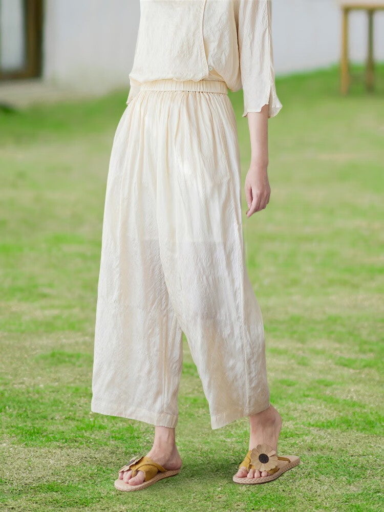 知笔墨植物染柞蚕丝裤子女纯色休闲百搭夏高端薄款米色显瘦直筒九分裤