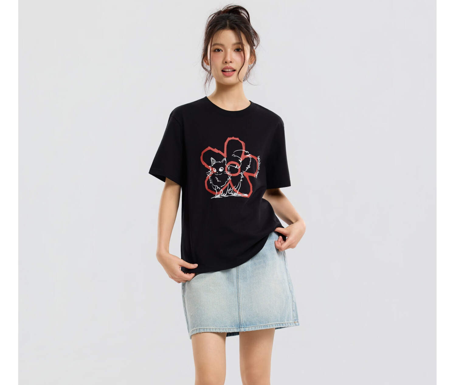 Metersbonwe Women's Short Sleeve T-Shirt 2026 Summer New Pure Cotton Hand-Painted Cat Print Loose Fit Versatile Tee 29