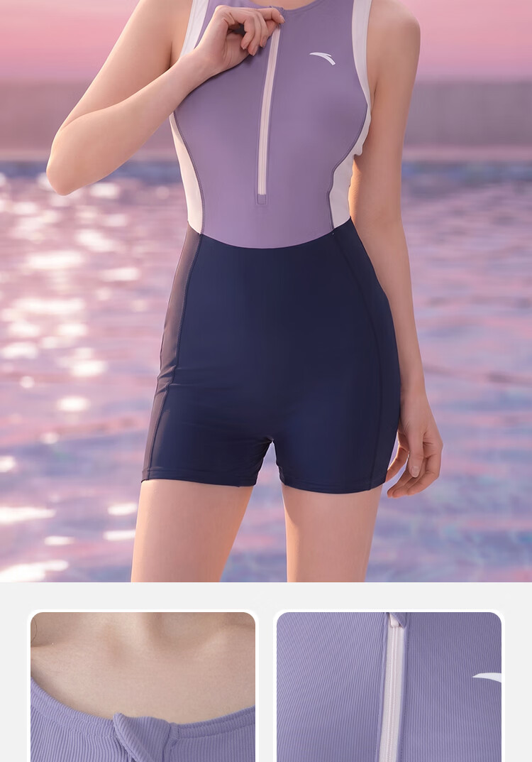 Anta 2026 New Women's Racing Swimwear Slimming Square Leg Trunks Professional Swimming White Navy Blue 11