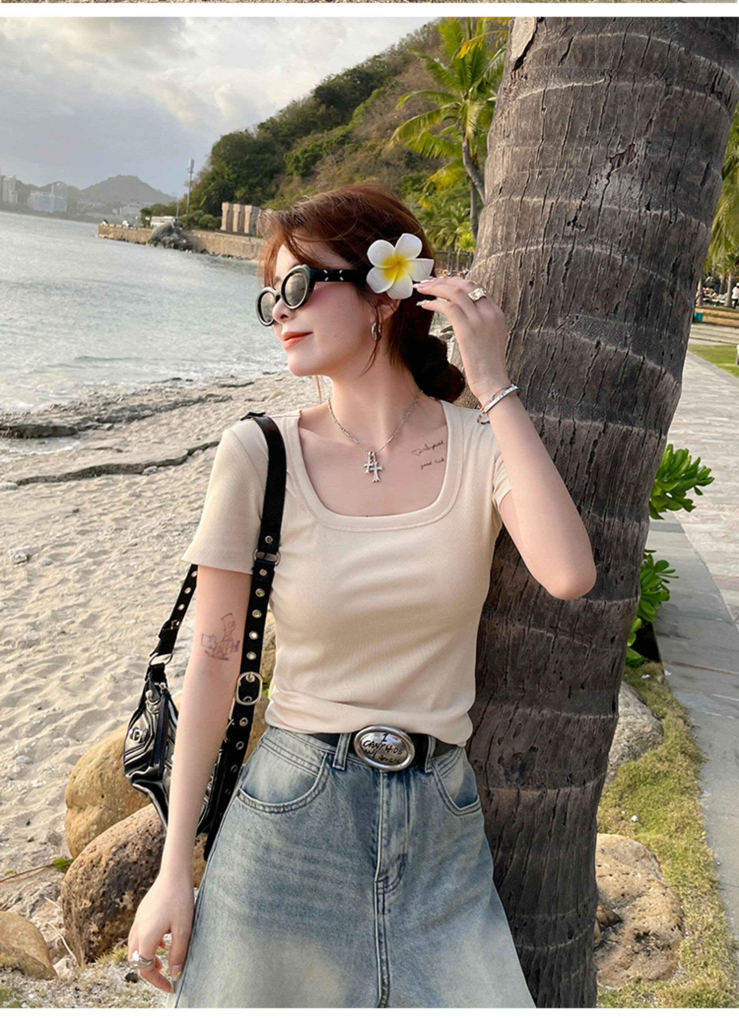 Herbal Original Women's Short Sleeve Slim Fit Square Neck T-Shirt Solid Color Summer Top 16