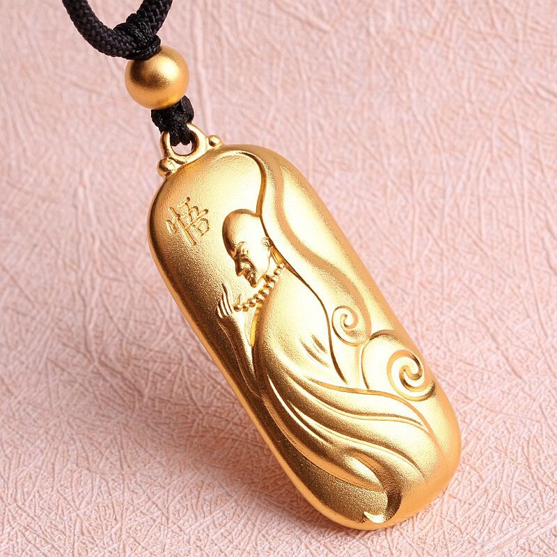 喜伴珠宝999足金吊坠佛牌女款古法金观音黄金吊坠方牌男款项链挂坠约