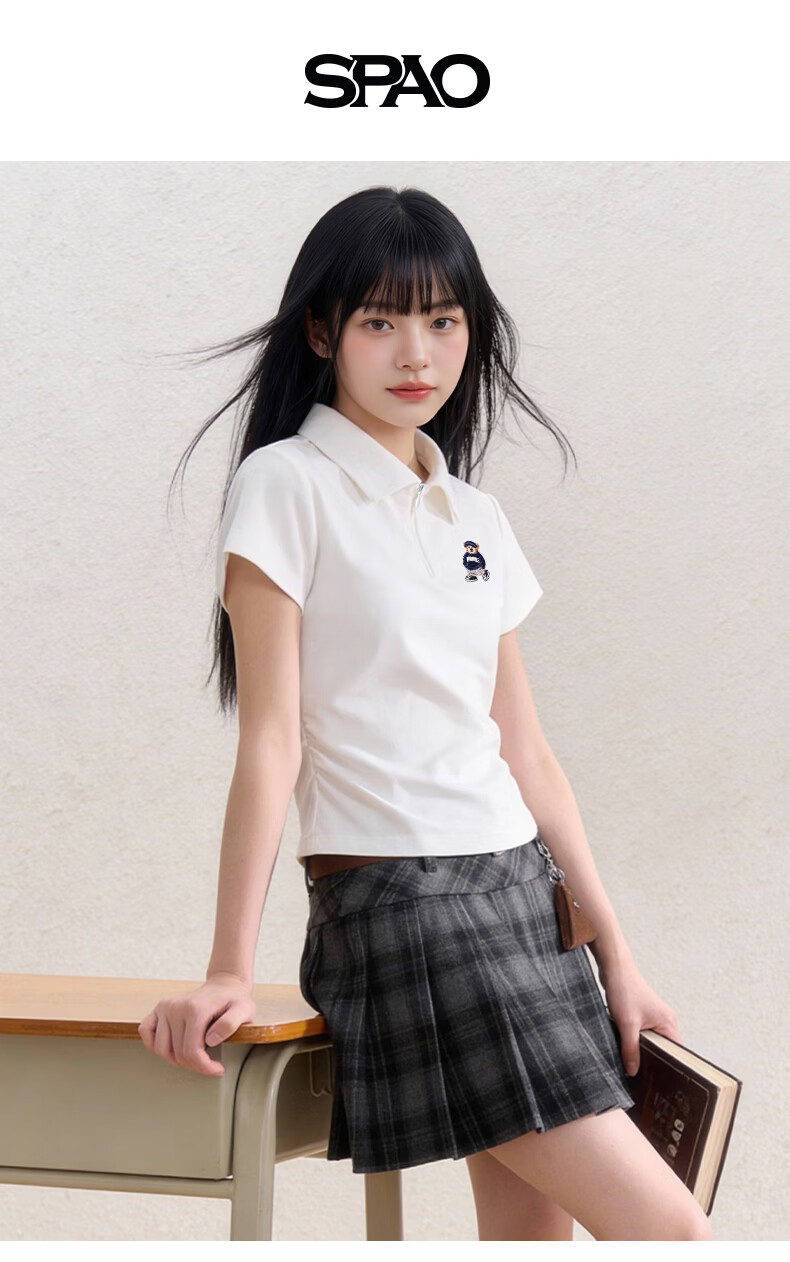 SPAO Bear Polo Collar Short Sleeve T-Shirt Women 2026 Summer Slim Fit Slimming College Style Commuter Petite Short Top 2
