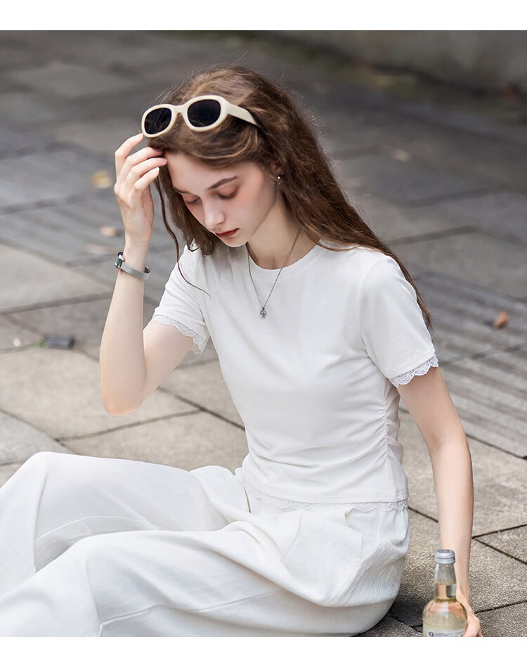 TonLion 2026 Summer New Women's Short Sleeve T-Shirt Lace Splicing White Fashionable Unique Beautiful Top 7