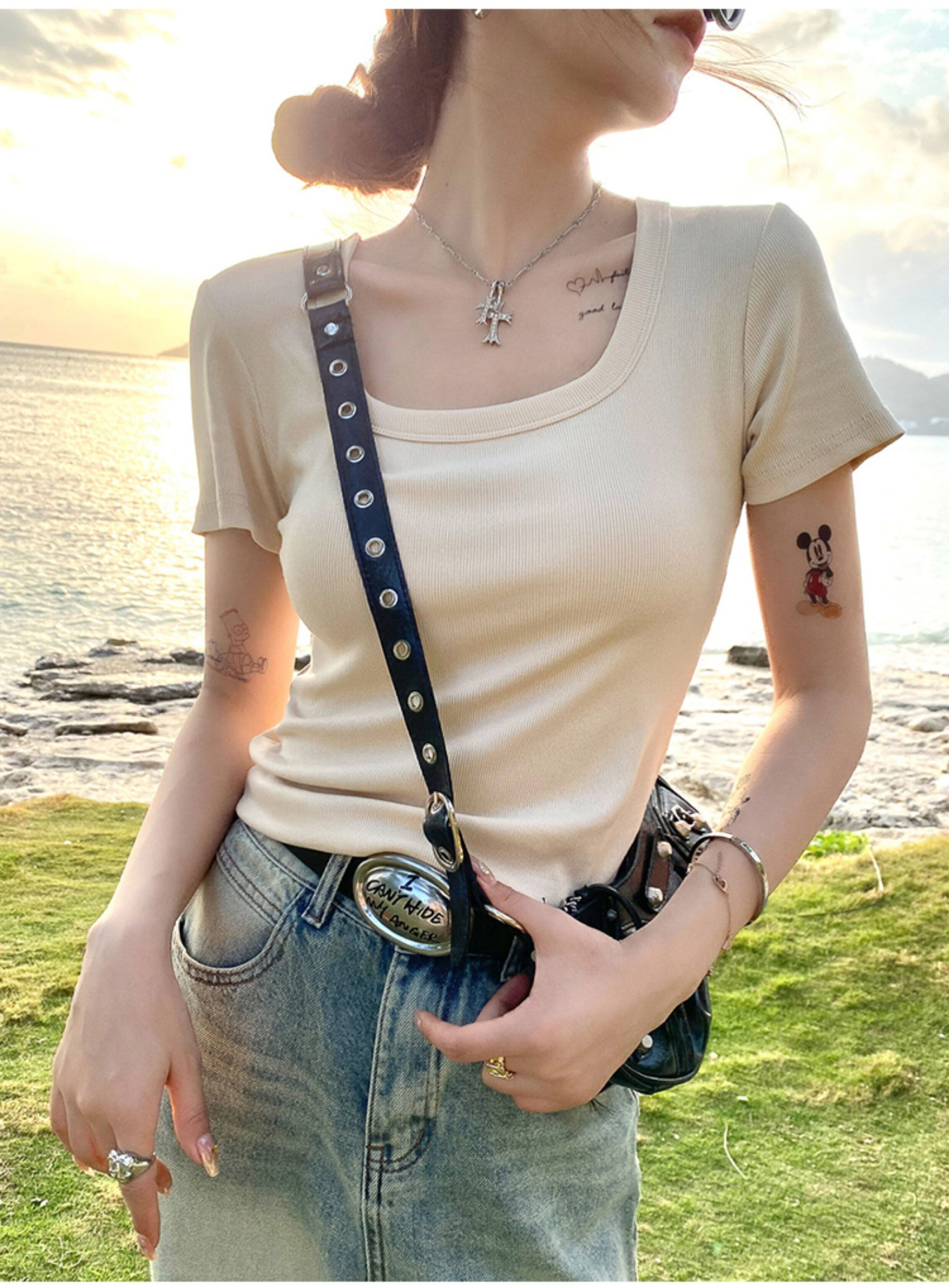 Herbal Original Women's Short Sleeve Slim Fit Square Neck T-Shirt Solid Color Summer Top 14