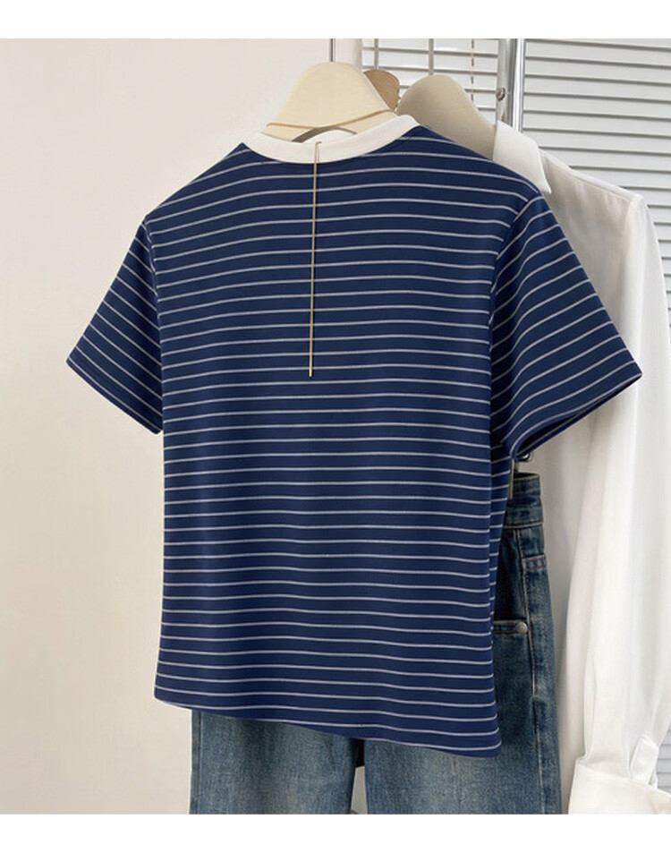 TonLion 2026 Summer New Women's Short Sleeve T-Shirt Loose Casual Striped Top Navy Blue Stylish Premium Feel 4