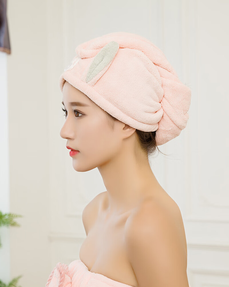 珊瑚绒干发帽女浴帽束发带吸水速干帽洗头帽干发巾包头巾洗澡帽 粉兔2