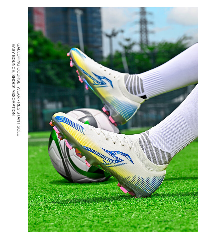 SAIBI Men's Soccer Shoes AG/FG Electroplated Studs Youth Student Professional Training Competition Shoes 3618J White Blue Gold Size 44 19