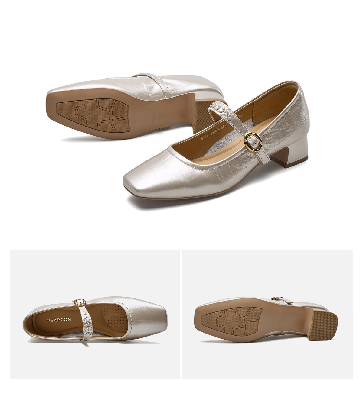 Eierkang Women's Square Toe French Mary Jane Genuine Leather Strap Elegant Flats 26165W Light Yellow Size 38 12