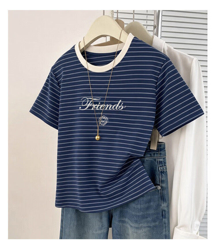 TonLion 2026 Summer New Women's Short Sleeve T-Shirt Loose Casual Striped Top Navy Blue Stylish Premium Feel 3