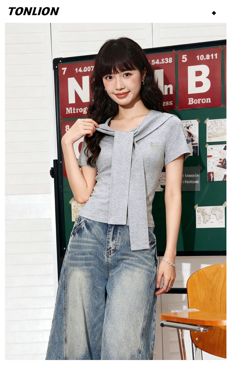 TonLion Navy Collar Short Sleeve Women's Cape Design College Style High-End Summer New Trendy Korean Student Short T-Shirt 11
