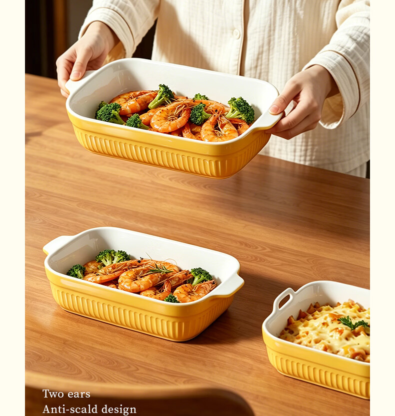 Donlim Ceramic Baking Tray Double-Handle Microwave Oven Plate Thickened Anti-Scald Dinner Plate 650mL 6