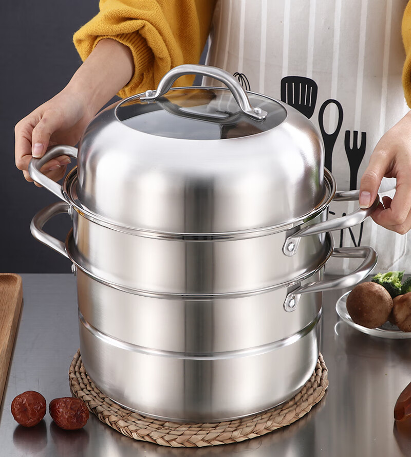 蒸馍锅大三层蒸锅304不锈钢三层加厚家用2层蒸笼煤气灶用3层小馒头大