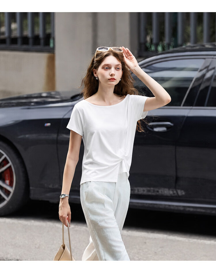 TonLion 2026 Summer New Women's Short Sleeve T-Shirt Pleated Solid Slim Fit Versatile High-End Fashion Tee 8