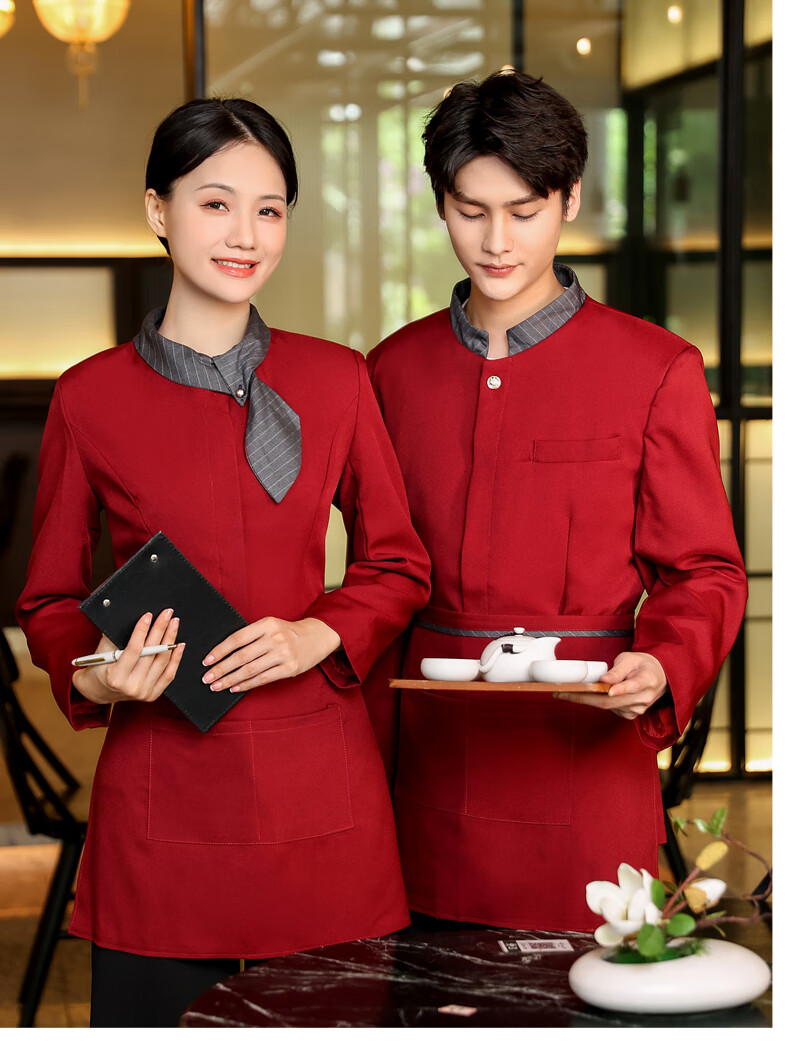 欧霖晟【可定制 印字】新中式服务员服餐饮红色工作服女酒店饭店餐厅