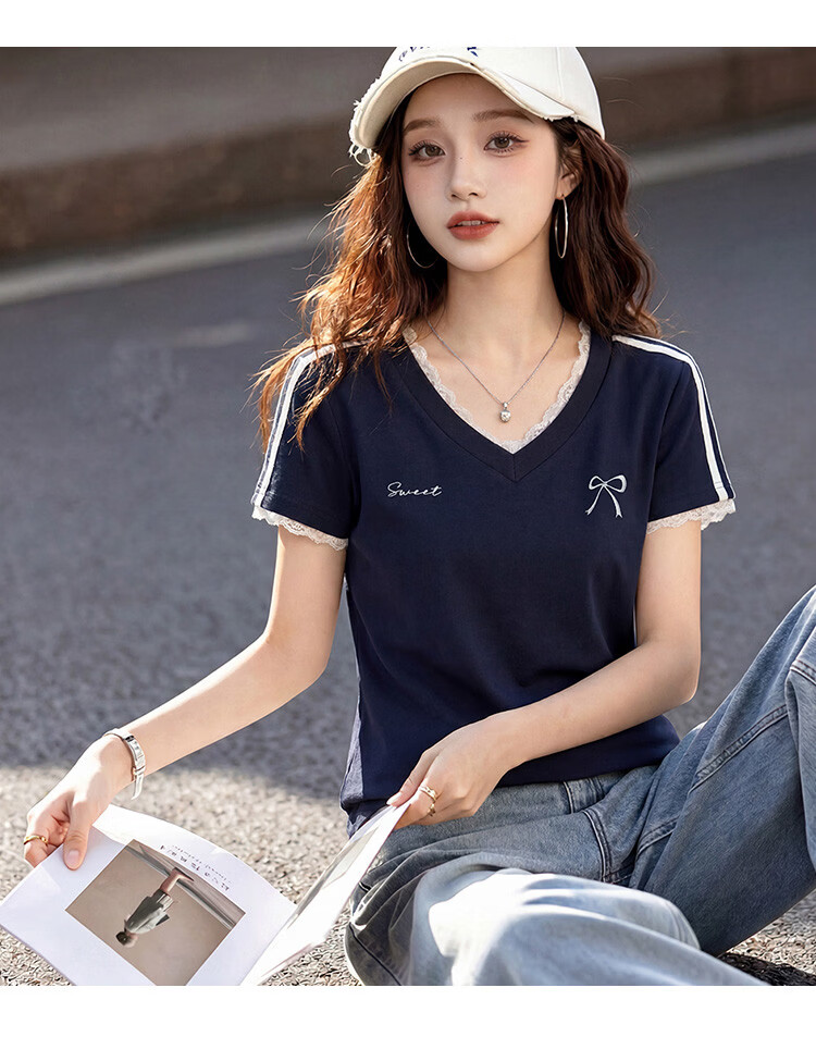 TonLion [Cool Touch] 2026 Summer Women's Lace Short-Sleeve T-Shirt, V-Neck, Slim Fit, Elegant Women's Tee 6