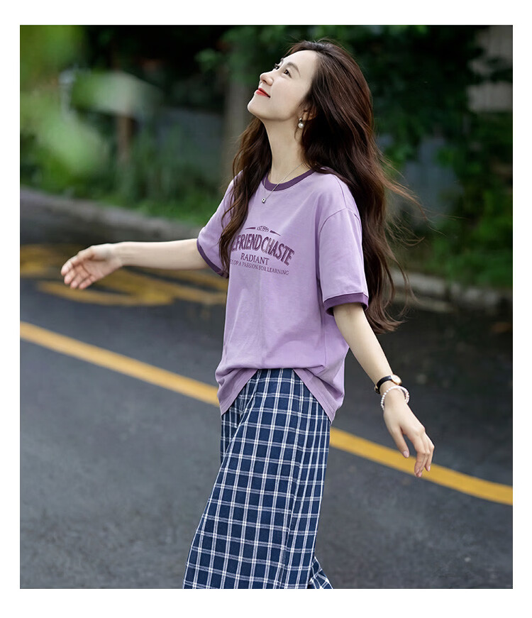 TonLion 2026 Summer Women's Short Sleeve Letter Print Mid-Length T-Shirt Casual Loose Colorblock Fashion High-End Women's T-Shirt 7