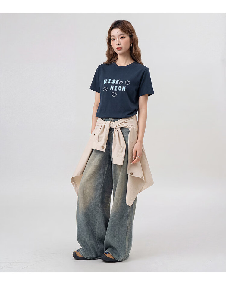 TonLion 2026 Summer New Women's Short Sleeve T-Shirt American Early Spring Stylish Navy Blue Slim Fit Top 12