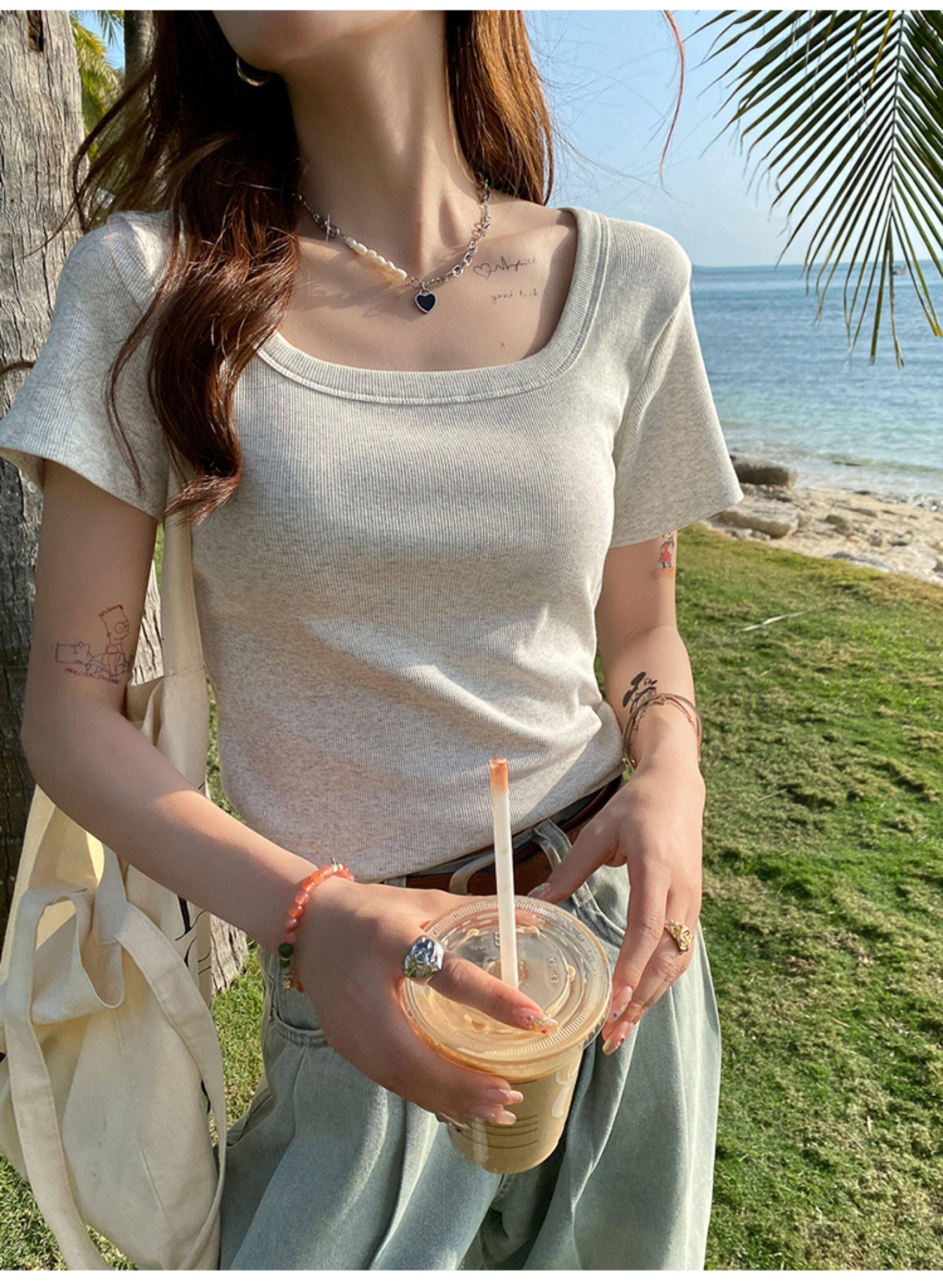 Herbal Original Women's Short Sleeve Slim Fit Square Neck T-Shirt Solid Color Summer Top 6
