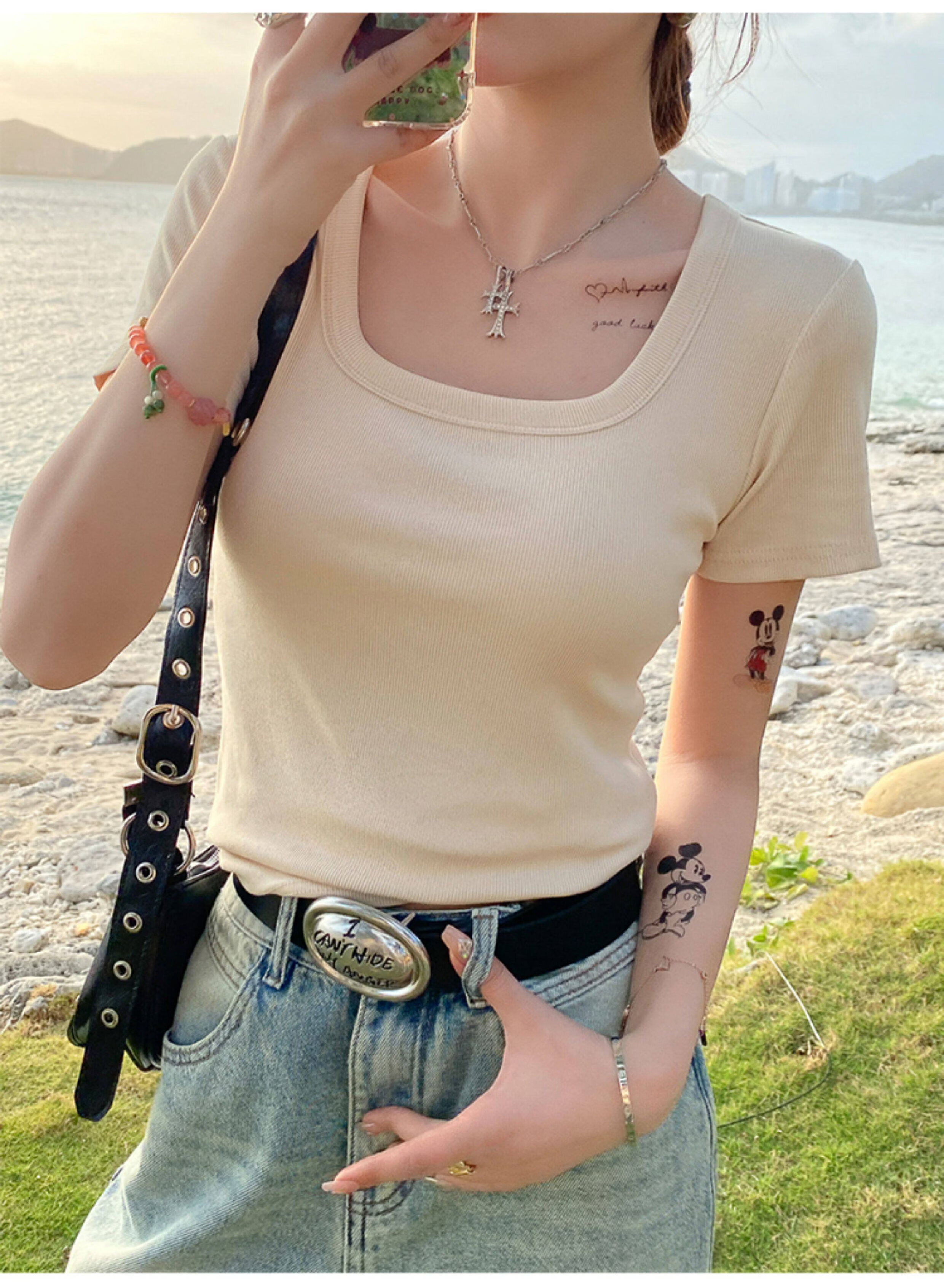 Herbal Original Women's Short Sleeve Slim Fit Square Neck T-Shirt Solid Color Summer Top 17