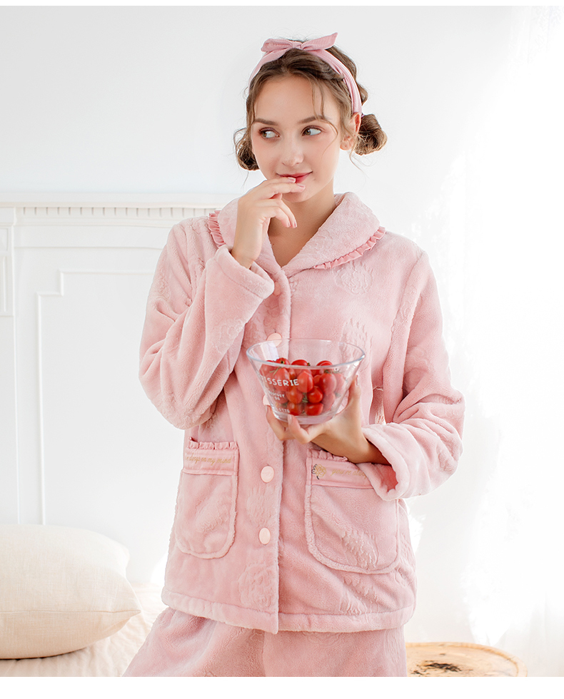 芬腾 睡衣女珊瑚绒长袖翻领开衫家居服套装女 兰色 m