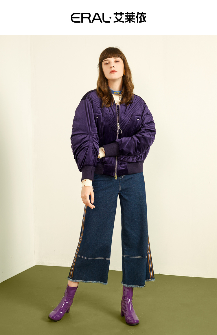 艾莱依冬季新款棒球领嘻哈运动风短款羽绒服女601804011 木槿紫 155