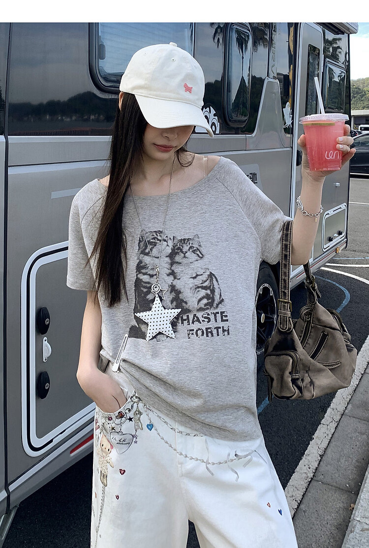 TonLion 2026 Summer New Off-Shoulder Design American Style Loose Slim Fit Short Sleeve T-Shirt for Women 4