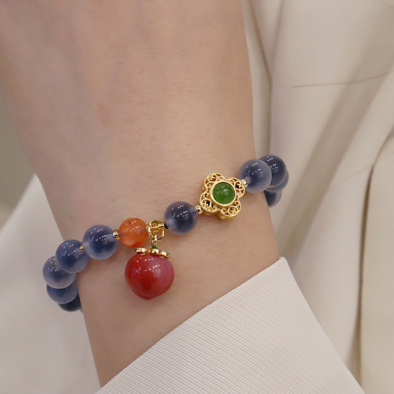元捷 糖心玛瑙手链蓝色玛瑙手串盐源玛瑙桃子吊坠手饰品 双圈蓝色糖心