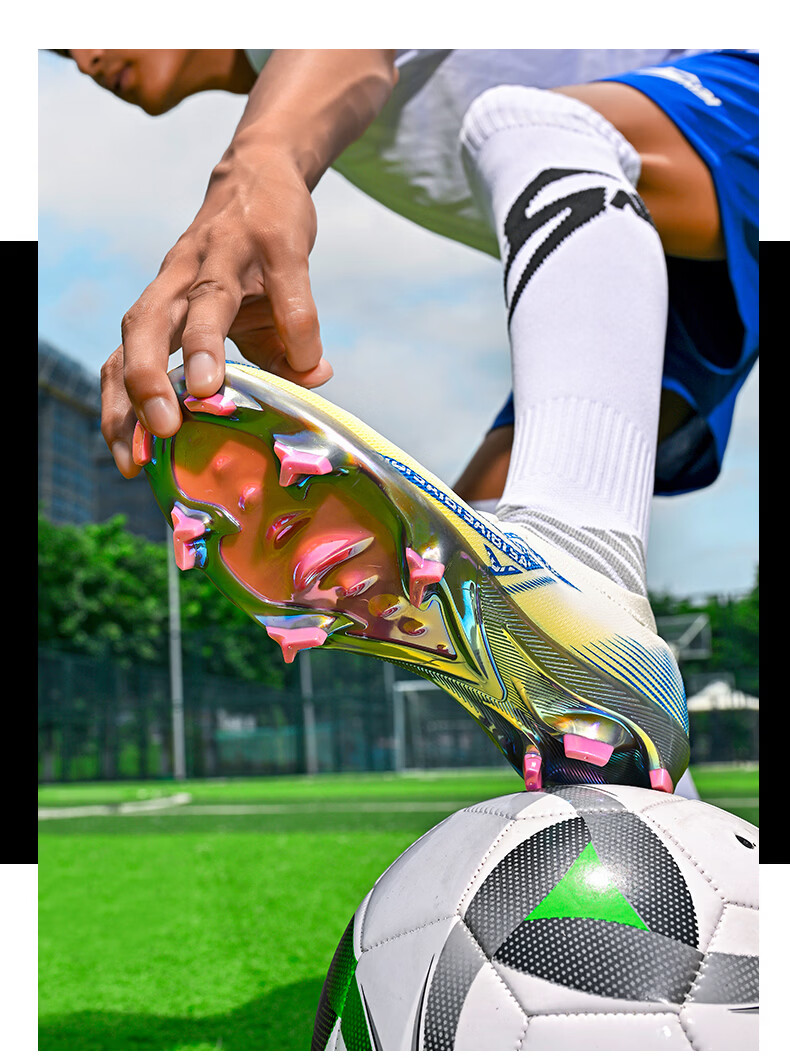 SAIBI Men's Soccer Shoes AG/FG Electroplated Studs Youth Student Professional Training Competition Shoes 3618J White Blue Gold Size 44 17