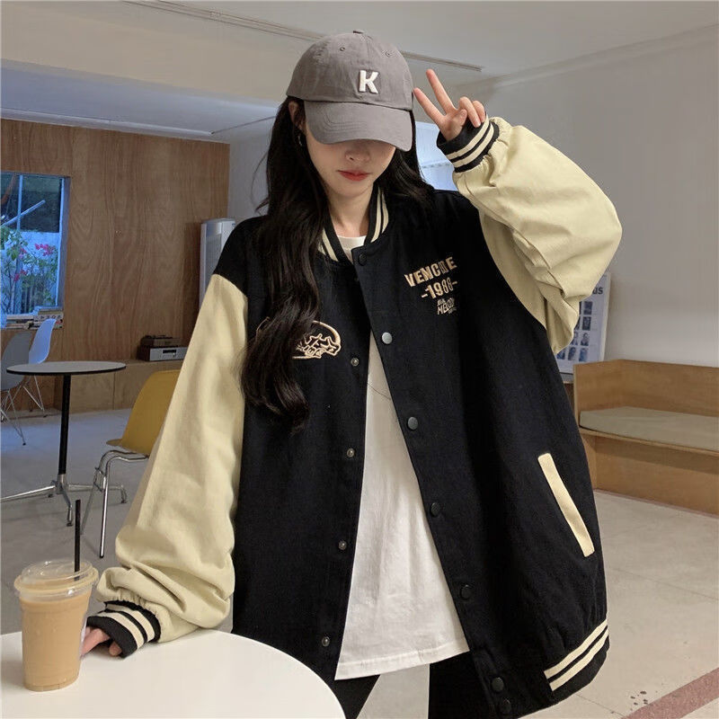 拉夏贝尔外套女2022新款秋冬季 秋冬美式复古学院风刺绣棒球服外套女