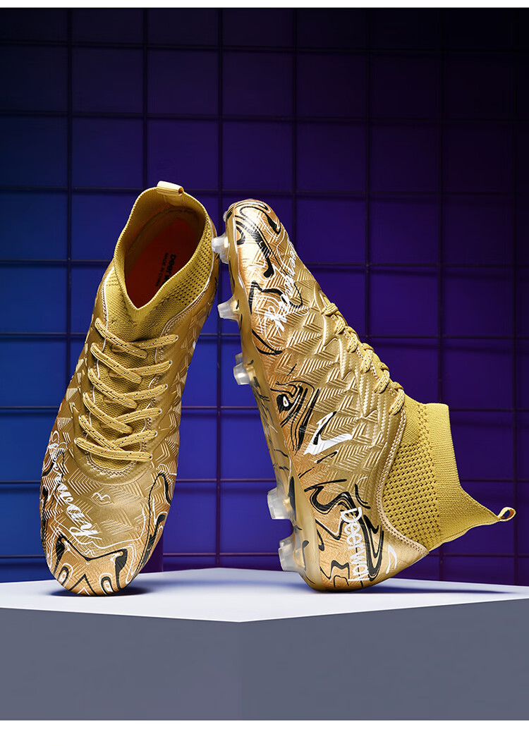 Delhui Football Shoes Adult Unisex AG Long Studs Youth High-Top Ankle Support Non-Slip Training Sneakers Gold Size 43 33
