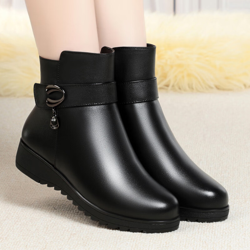 中老年冬天女款棉皮鞋妈妈棉鞋冬季加绒女士短靴软底皮鞋女鞋子 黑色