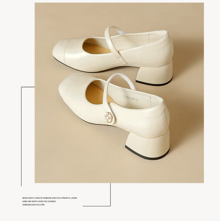Josiny Mary Jane Shoes Women's Spring Fashion High Heels Chunky Heel Leather Commuting Elegant Flats Off-White 35 12
