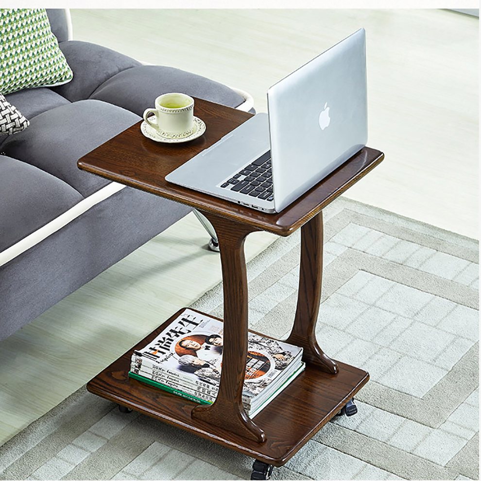 植木居 多功能现代简约可移动小茶几全实木美式沙发边几带轮桌子卧室