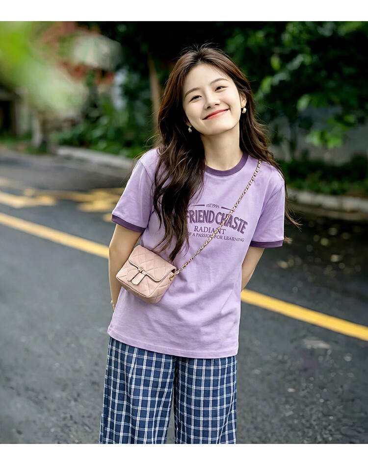 TonLion 2026 Summer Women's Short Sleeve Letter Print Mid-Length T-Shirt Casual Loose Colorblock Fashion High-End Women's T-Shirt 8