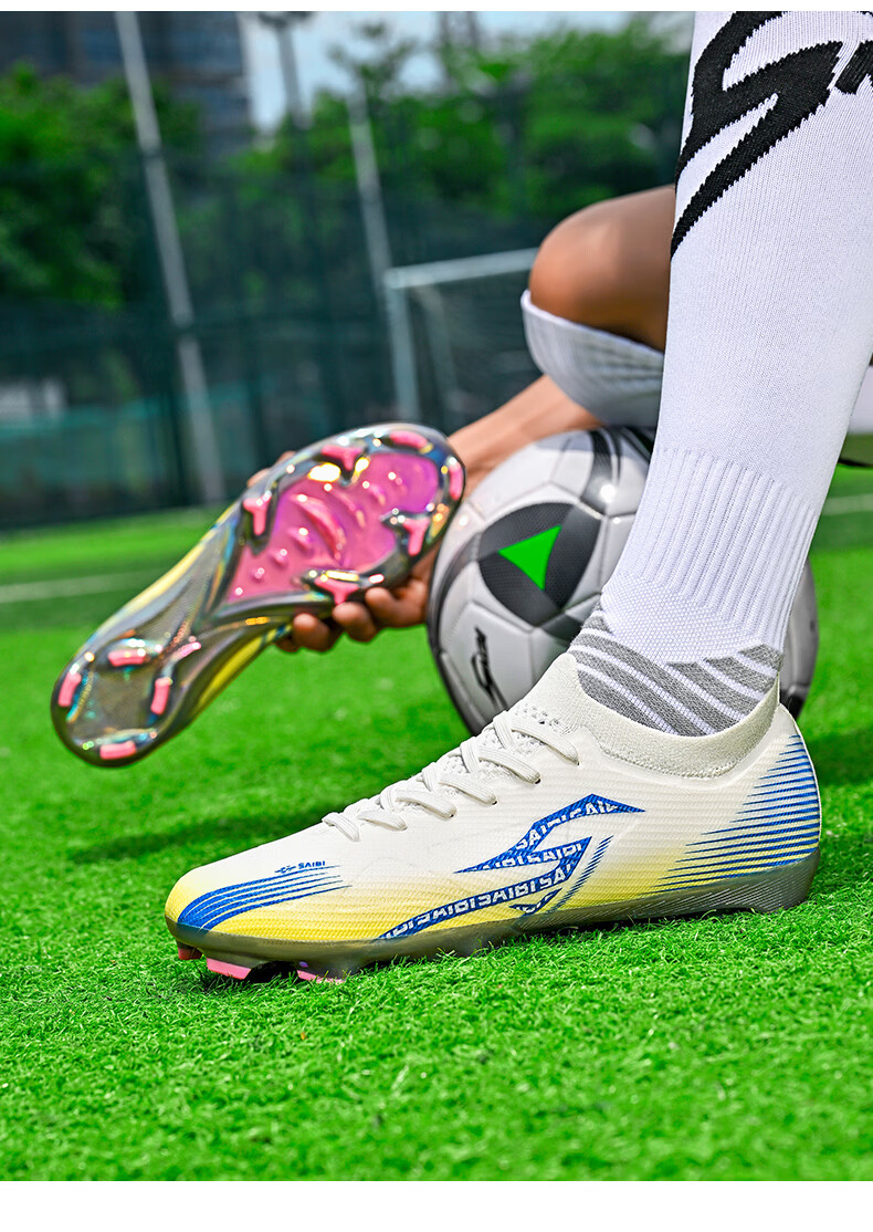 SAIBI Men's Soccer Shoes AG/FG Electroplated Studs Youth Student Professional Training Competition Shoes 3618J White Blue Gold Size 44 20