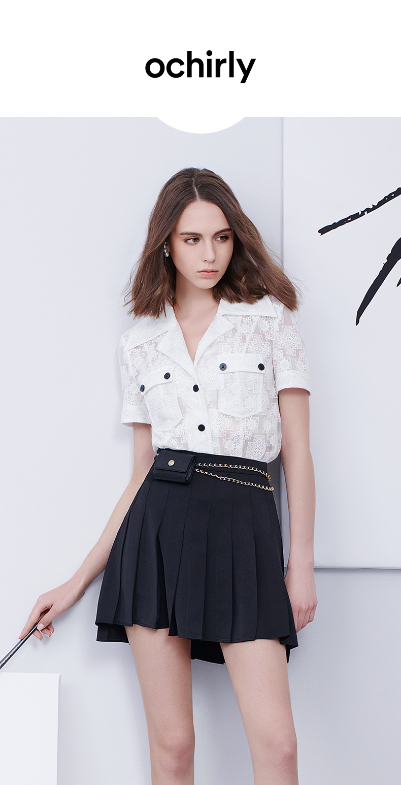 ochirly欧时力新款春装配链条高腰百褶短裙时尚洋气半身裙黑色090xs