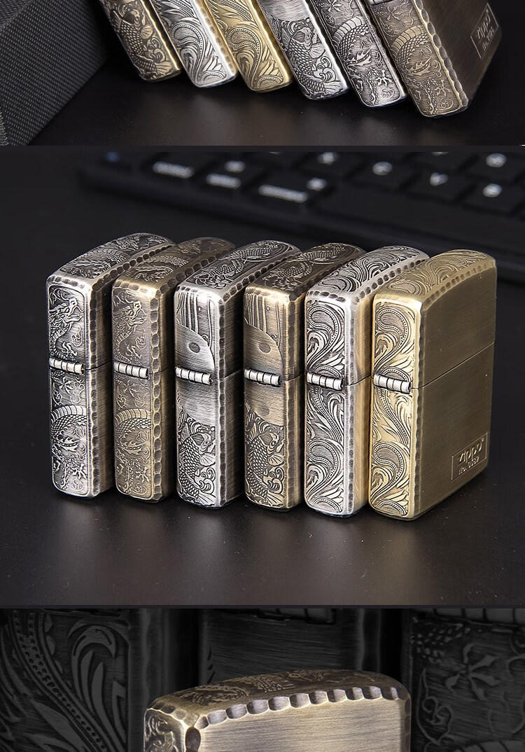 打火机zippo原装 侧边三面浮雕盘龙波纹限量富贵唐草鲤鱼 盘龙-银色