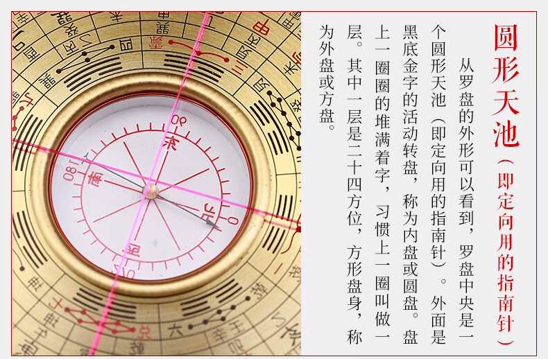 罗盘风水盘高精度纯铜摆件专业综合八卦图指南针随身携带小罗经仪 2寸