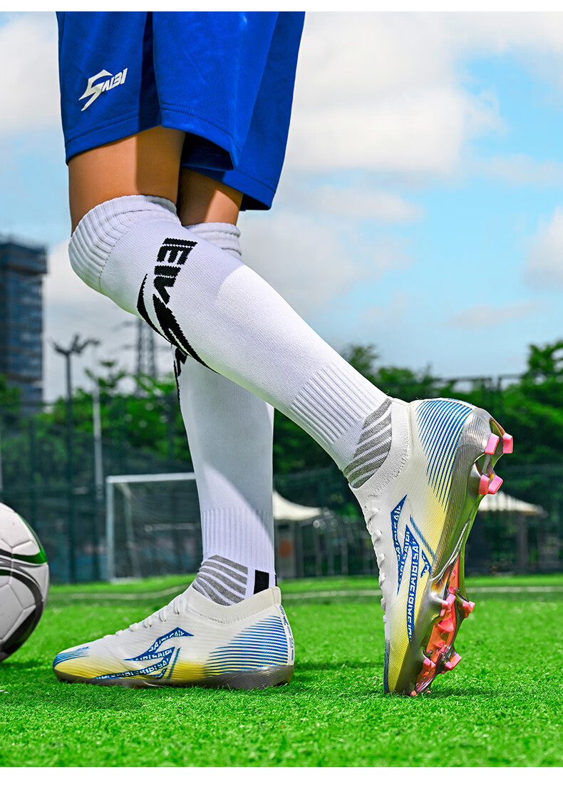 SAIBI Men's Soccer Shoes AG/FG Electroplated Studs Youth Student Professional Training Competition Shoes 3618J White Blue Gold Size 44 16