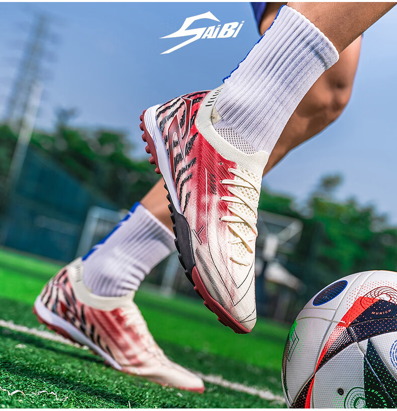 SAIBI Men's Soccer Shoes TF Turf Studs Adult Youth Student Professional Training Competition Shoes 3649S Off-White Red Size 44 14