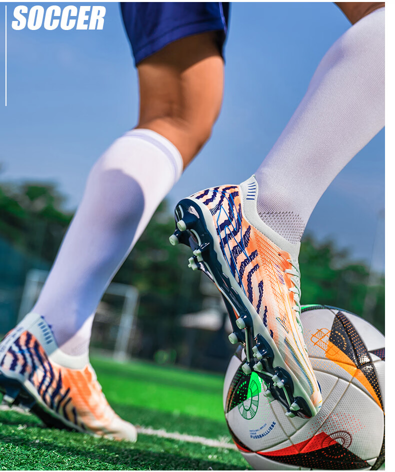 SAIBI Men's Soccer Shoes AG Long Studs Adult Youth Student Professional Training Competition Shoes 3649C Moon Blue Orange Size 35 25