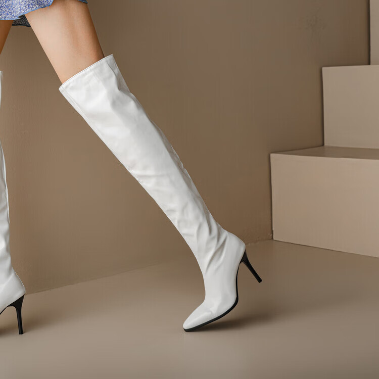 棠栖椰子(tangxiyezi)红色漆皮亮面长筒靴尖头细跟高跟过膝 白色 34