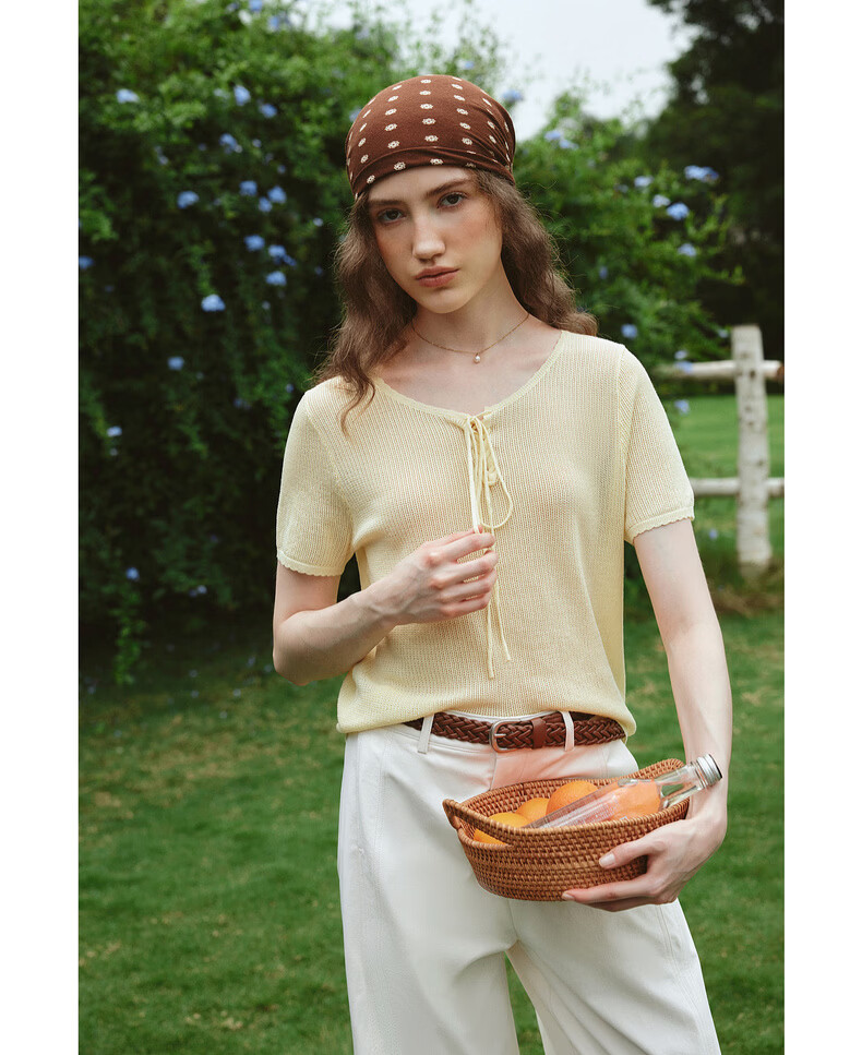 Olrain Summer New Vacation Style Large Round Neck Tie Pullover Knitwear Women Casual Top Yellow L 9