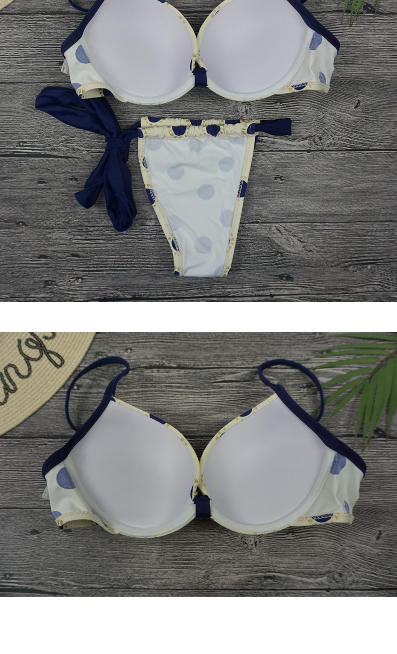 波点欧美三点式钢托比基尼高开叉性感泳装女泳衣 藏蓝色 s【图片 价格