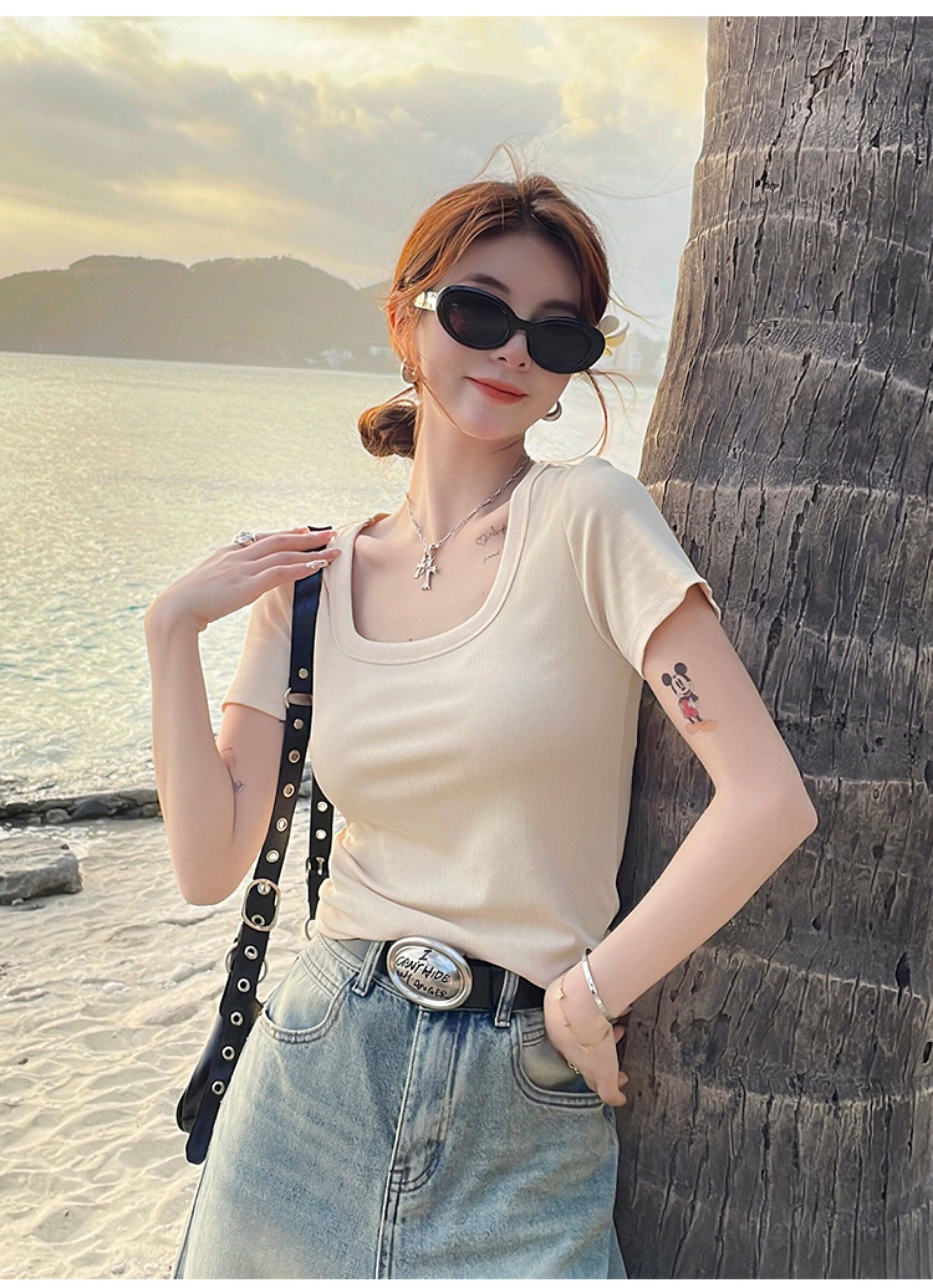 Herbal Original Women's Short Sleeve Slim Fit Square Neck T-Shirt Solid Color Summer Top 13
