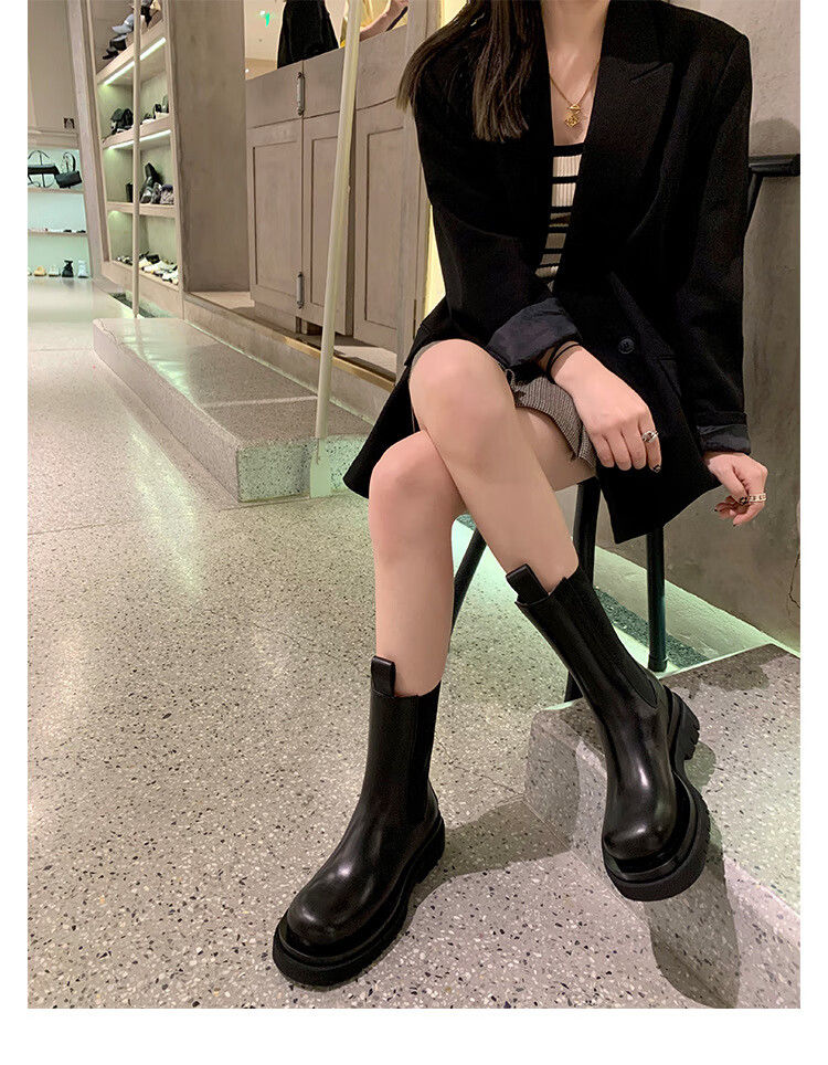 axiu 大叔家达文西鞋子mona马丁靴女中高筒烟筒靴厚底切尔西短靴子